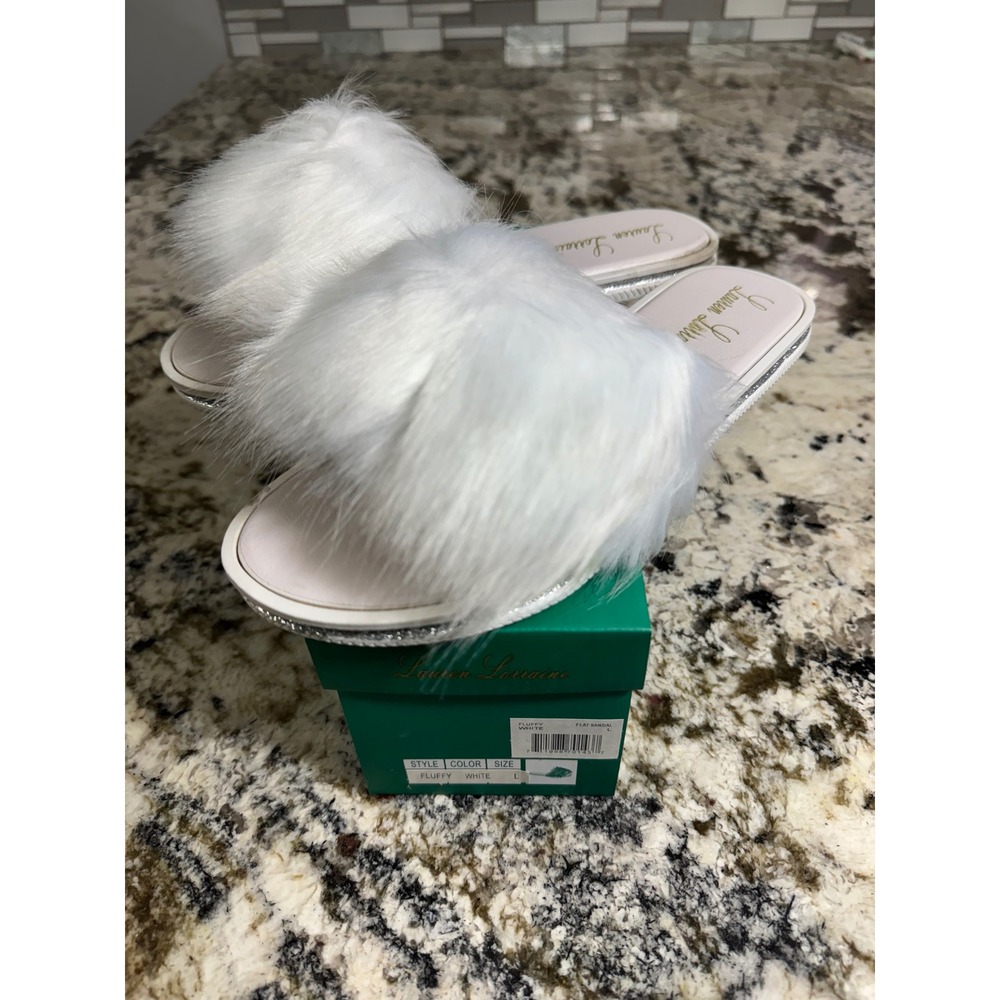 Lauren Lorraine Plush White Fluffy Slipper Flat Sandal